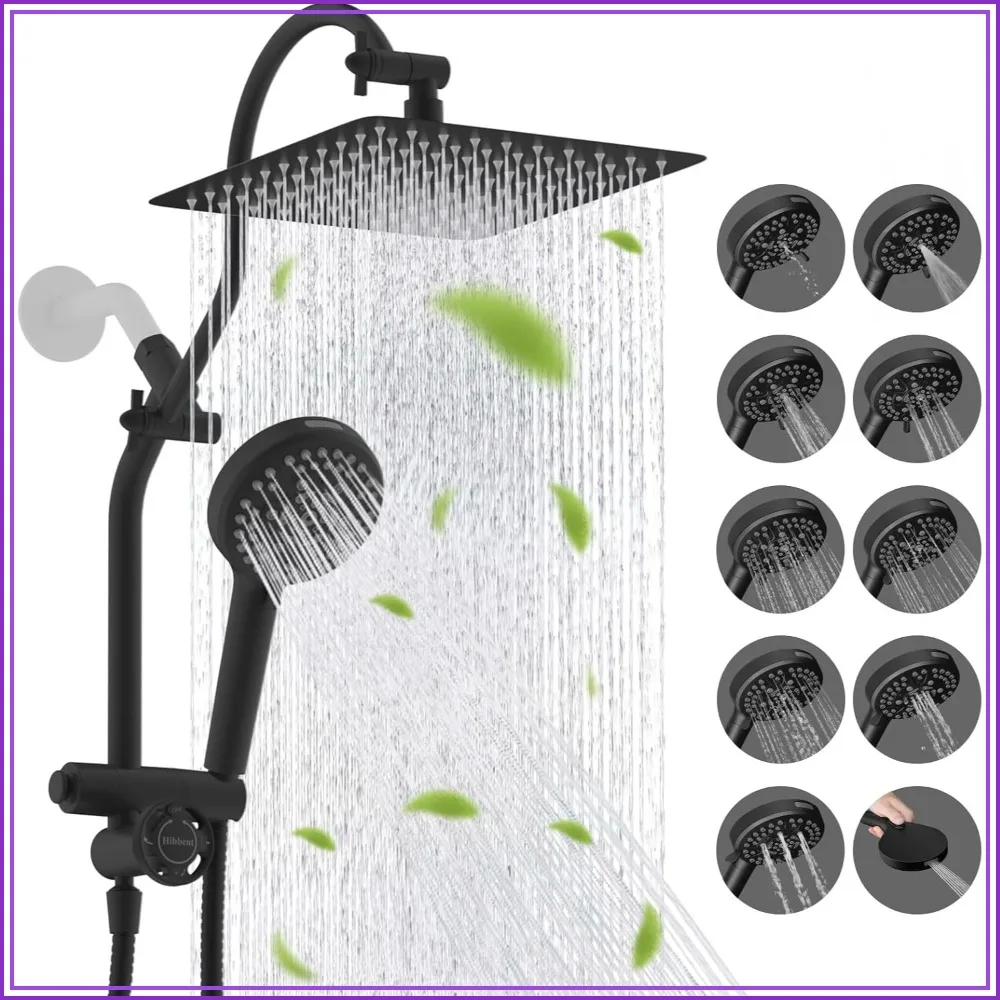 

10" Rainfall Showerhead Combo, High Pressure, 10-Spray Handheld, 4-Way Diverter with Pause, 71" Hose, Black
