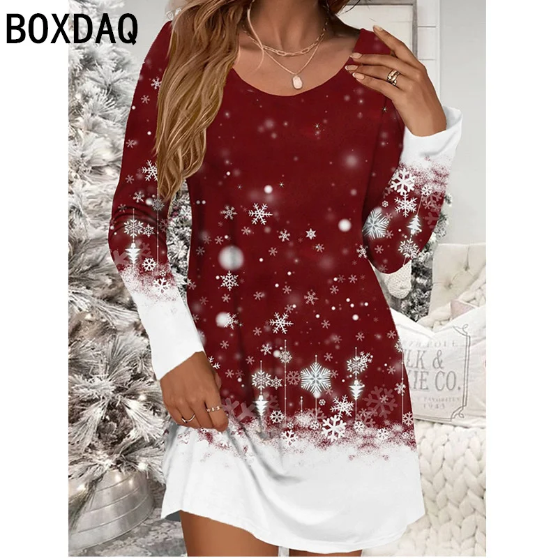 Christmas Party Dress Women's Long Sleeved Round Neck Printed Mini Dress Red Gradient Snowflake Pattern Dress Vestidos De Mujer