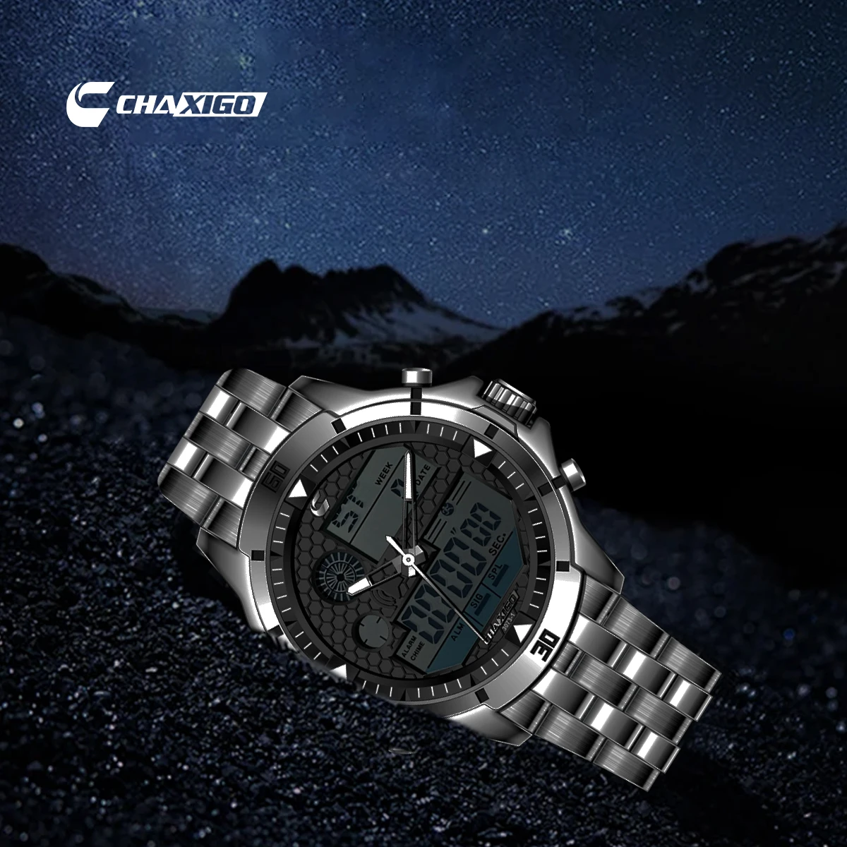 CHAXIGO-reloj electrónico de lujo para hombre, resistente al agua, resistente al desgaste, luminoso, de cuarzo, de acero inoxidable