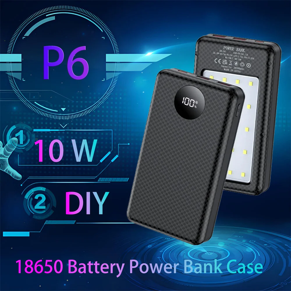 

P6 Dual USB Type C Power Bank Shell 5V 10W DIY Shell 18650 Holder Cases Detachable Battery Storage Box With camping lights