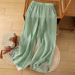Summer Office Lady Simplicity Embroidered Elastic Waist Wide Leg Pants Ladies Chinese Style Cotton Thin Loose Waist Trousers
