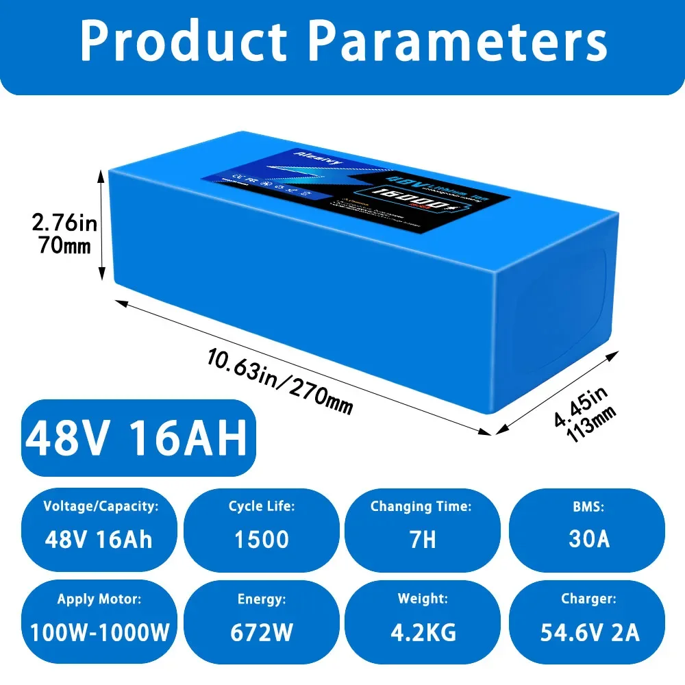 48V 16Ah 13S5P Electric Bicycle Lithium Battery Built-in30A BMS with 2A Charger for 250W-1000W Motor eBike Electric bicycle bike