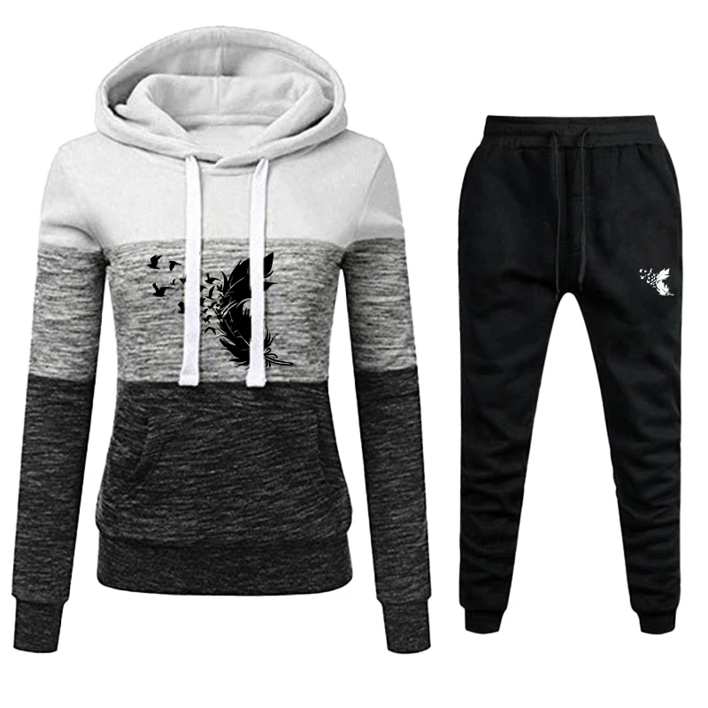 Latest trend women's three color printed hoodie set, outdoor casual long sleeved pullover hoodie and jogging pants two-piece set