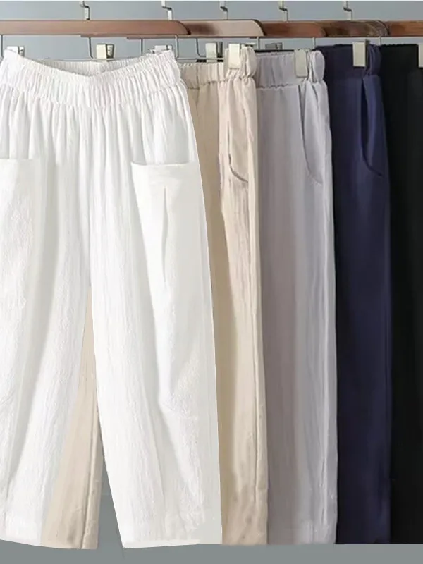 

Slimming High Waist Straight Leg Cotton Linen Blend Summer Casual Pants Women's Fashion Trendy Nine Point Trousers