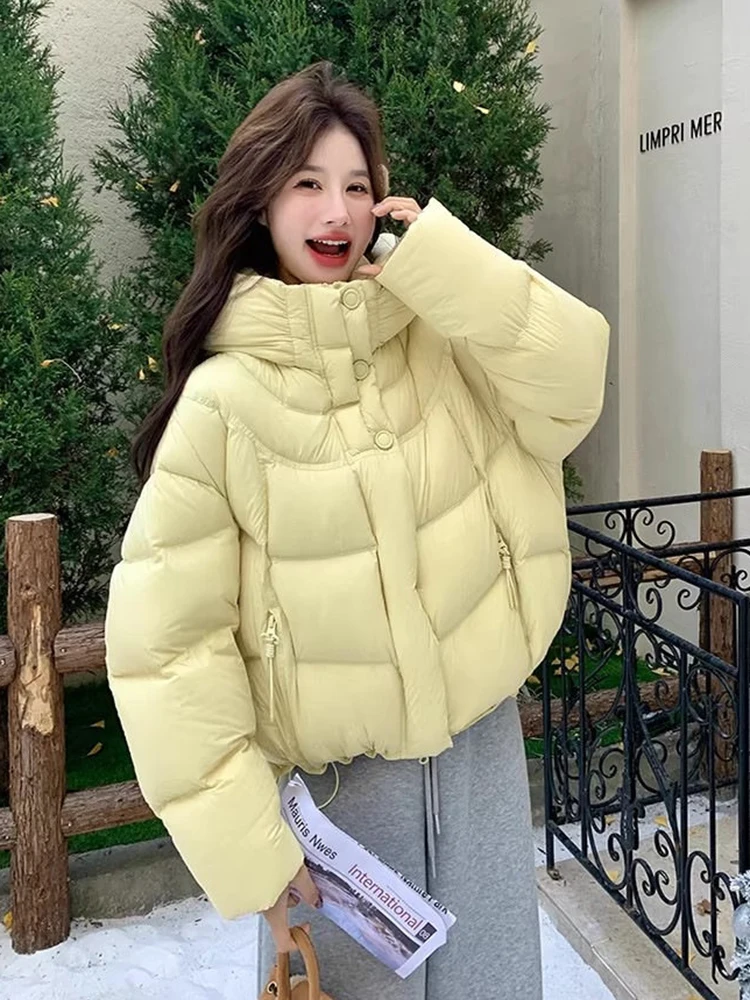 Winter Short Puff Fluffy Hooded Down Jacket Women White Duck Down Loose Parker Outwears Female Zipper Thicken Warm Down Jacket
