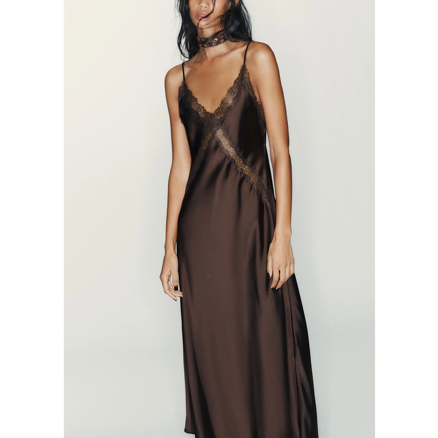 Tapete sle renda decorada seda cetim midi dr novo inverno feminino faion strapl vestido de cintura alta saia linha a