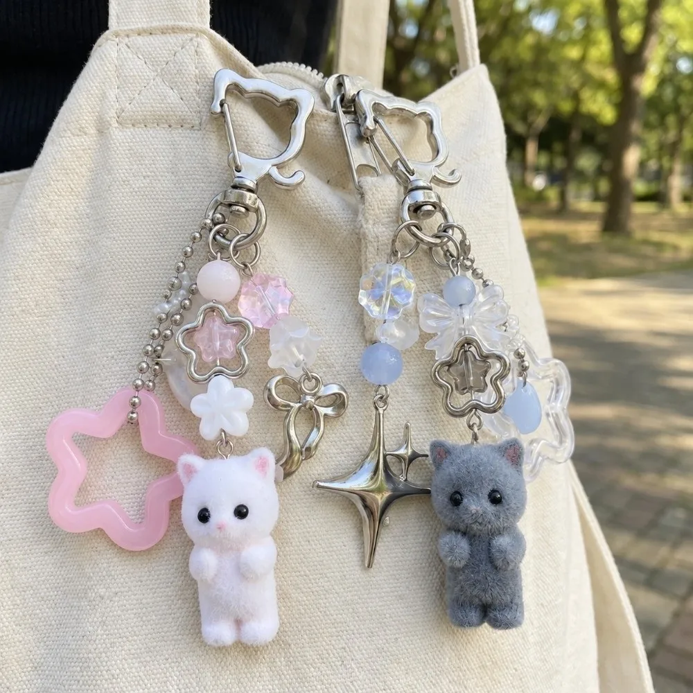 Cute Flocking Cat Keychain Cartoon Cat Handmade Phone Charms Chain Bag Pendant