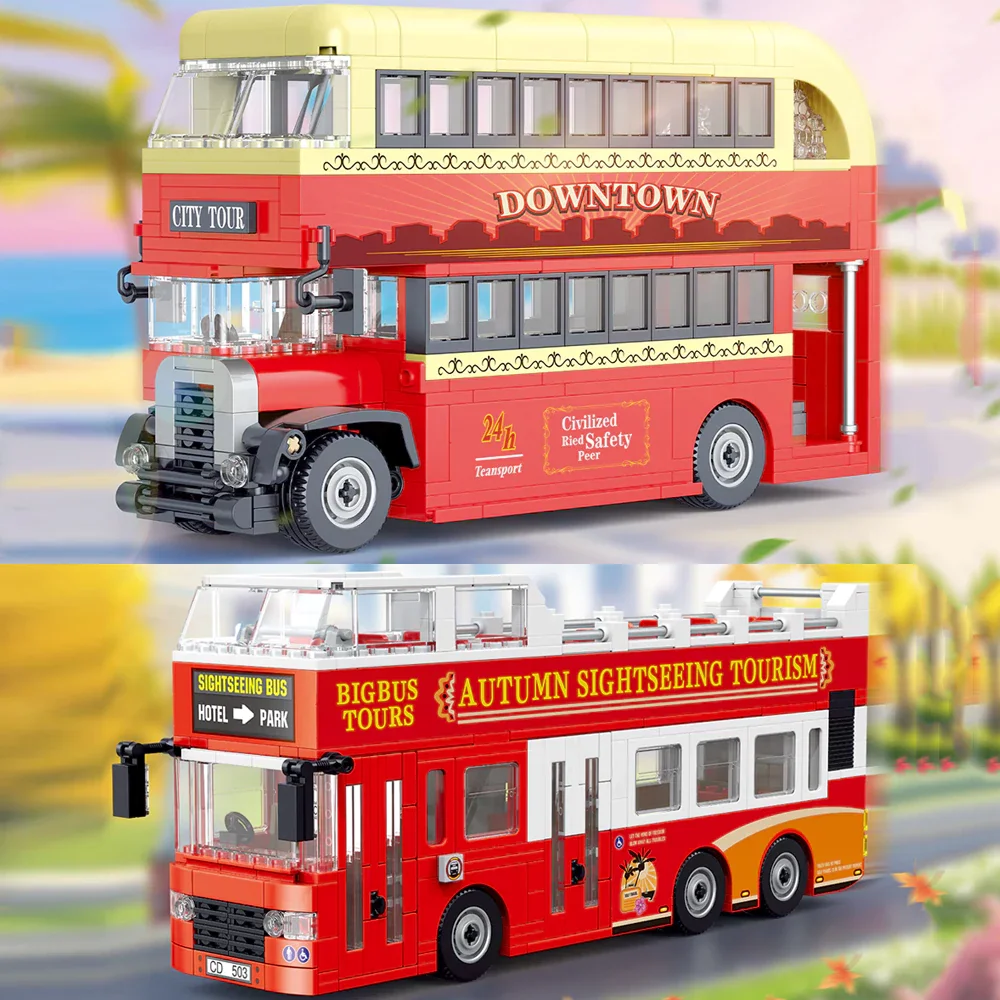 672PCS Double Travel Bus Building Blocks MOC City Retro Sightseeing Car Model Assembly Brick Puzzle Toys Children Birthday Gift