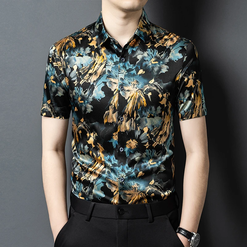

Luxurious Silk Floral Dress Men Shirt Short Sleeve Skin-Friendly Summer Quality Lightweight Coolness Gentleman Camisas De Hombre