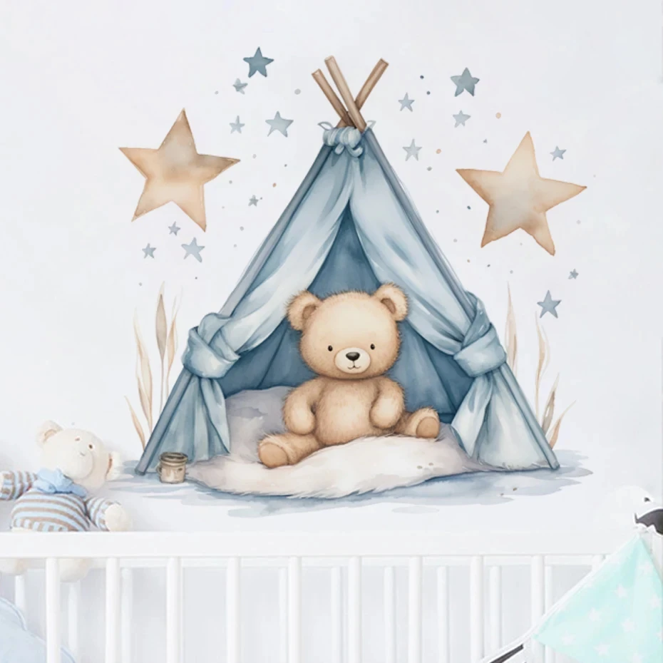 Simpatico cartone animato orsacchiotto stelle tenda adesivi murali per camera dei bambini camera da letto Nursery decorazione della casa