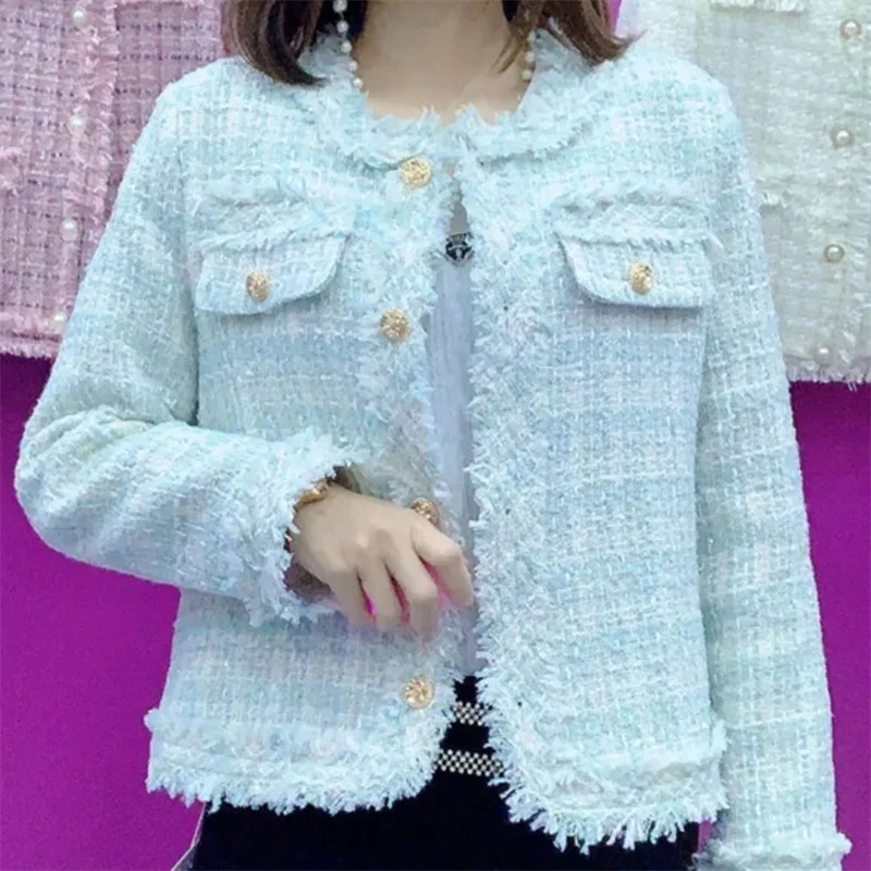 Spring And Autumn 2024 New Ladies Coarse Flower Woolen Coat Women's  Jacket High-End Temperament Celebrity Short Slim Casual Top