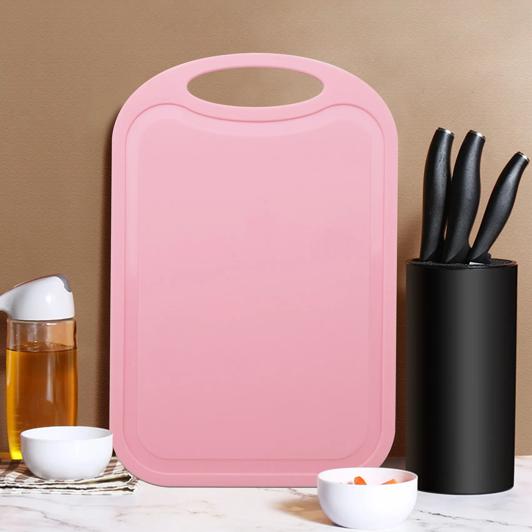 A98U Plastic Chopping Block Meat Vegetable Cutting Board Non-Slip Anti Overflow With Hang Hole Chopping Board Pink