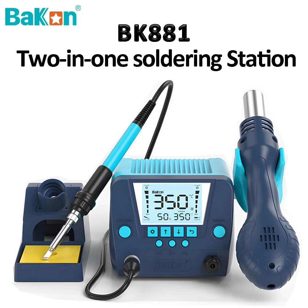 

Bakon BK881 2-in-1 Soldering Hot Air Station Digital Display Thermostatic 560W Blower Air Gun 90W Soldering Station