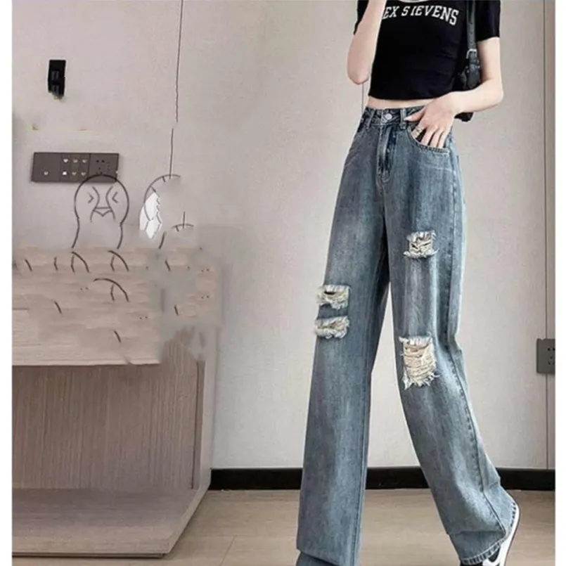 Straight Perforated Fashion Jeans Spring/Summer Korean Edition New High Waist Versatile Loose Wide Leg Pants