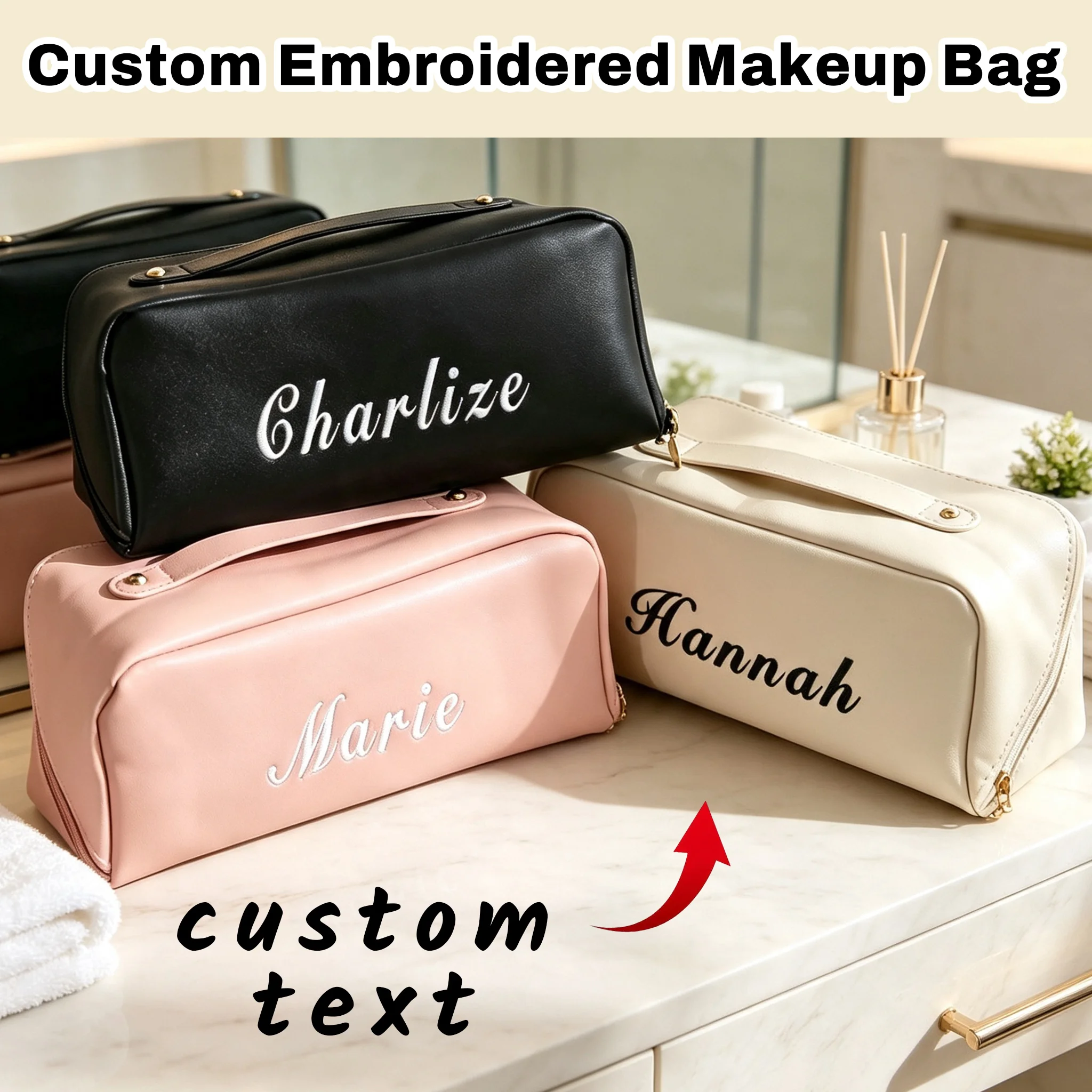 Custom Embroidered Letter Waterproof Makeup Bag, large capacity, exquisite embroidery craftsmanship, multiple colors available