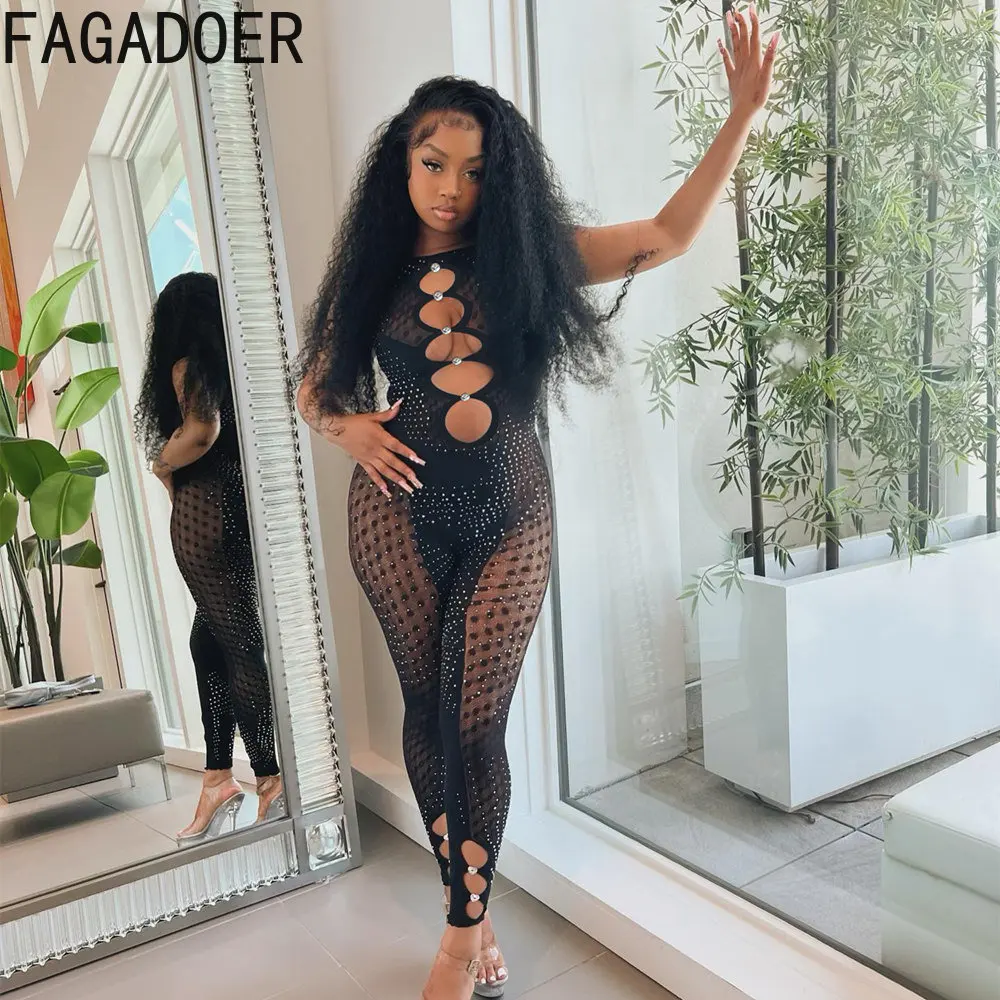 

Модные прозрачные комбинезоны FAGADOER со стразами, женский черный сексуальный комбинезон с вырезами для ночного клуба