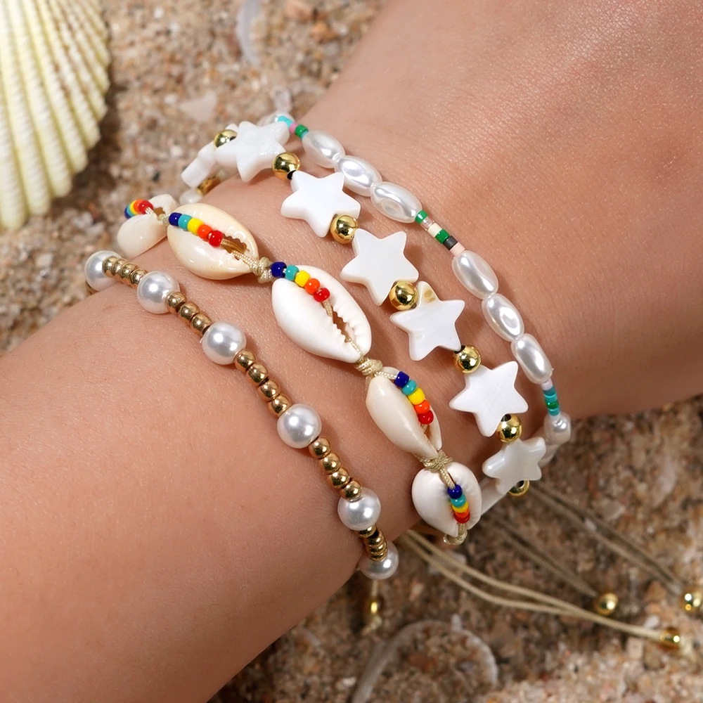 4Pcs copper beads imitation pearl shell bracelet bead braided bracelet women summer ocean vacation style handmade jewelry