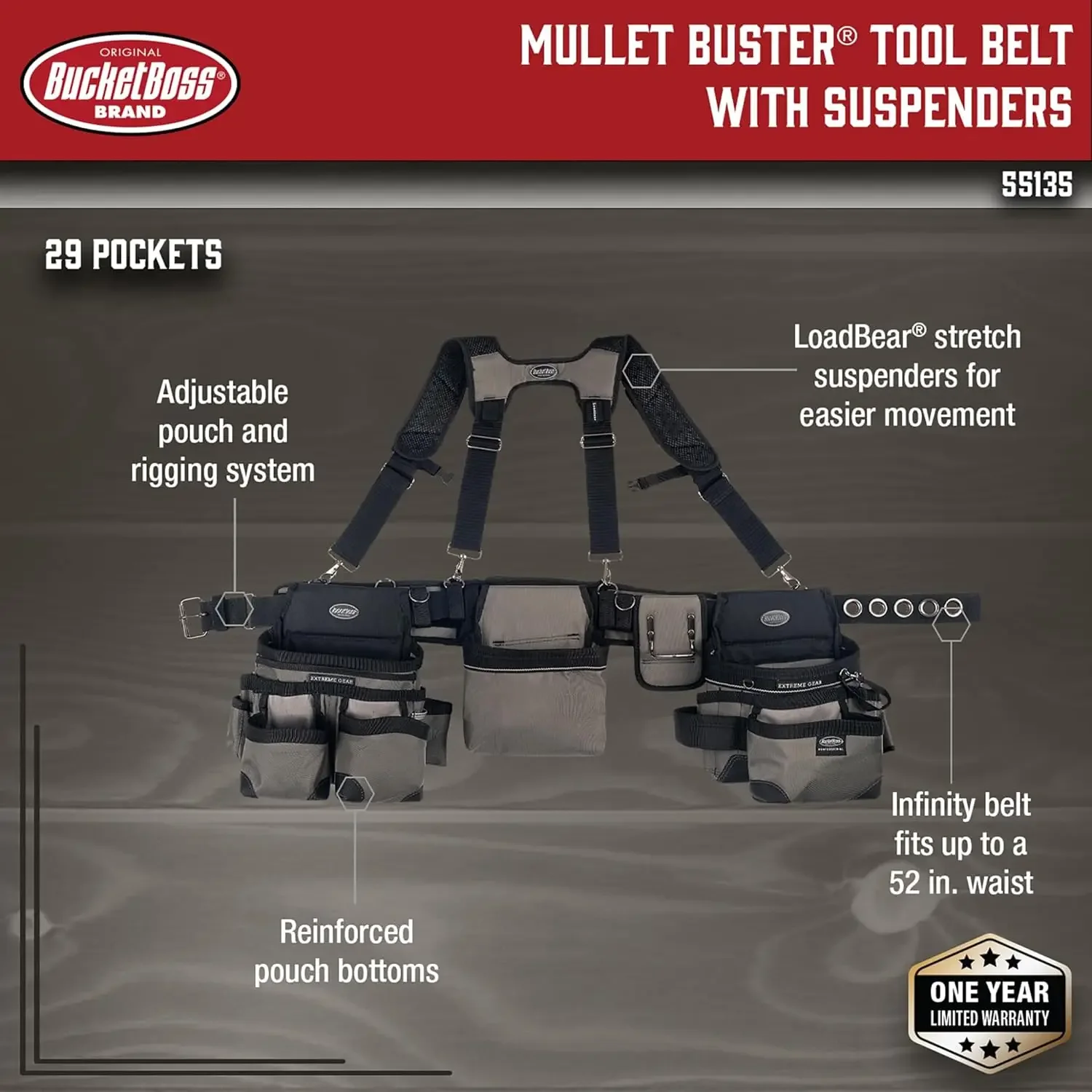 Boss Mullet Buster 3 Bag Tool Belt with Suspenders in Grey, 55135, Black, full size