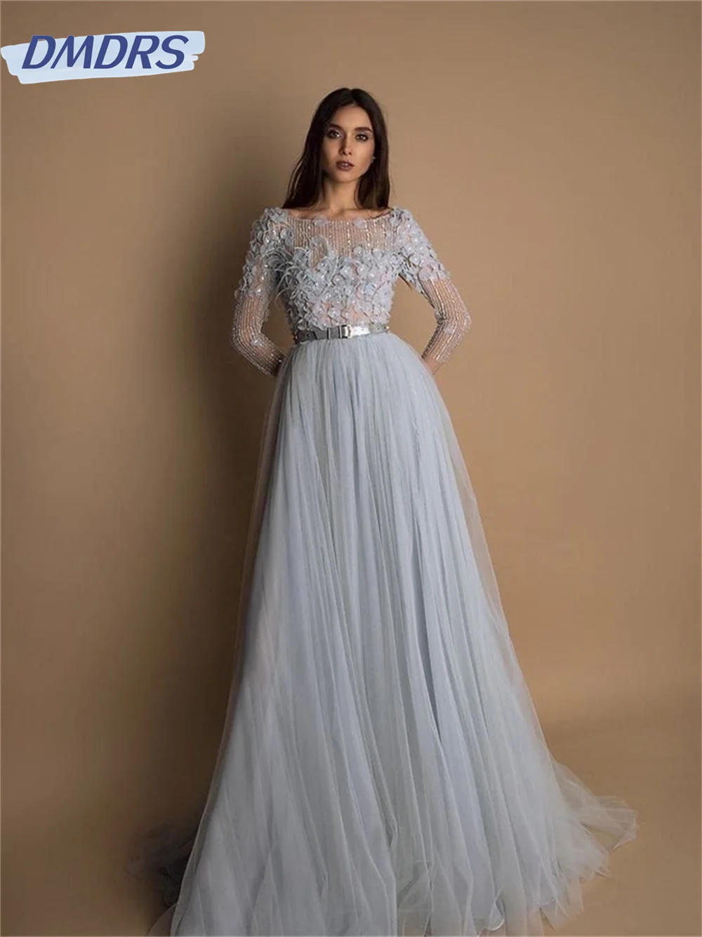 Romantic Round Neck Tulle Evening Dress Customized 2025 Elegant Lace Appliqué Gown Simple Floor-Length Gowns Vestidos De Novia