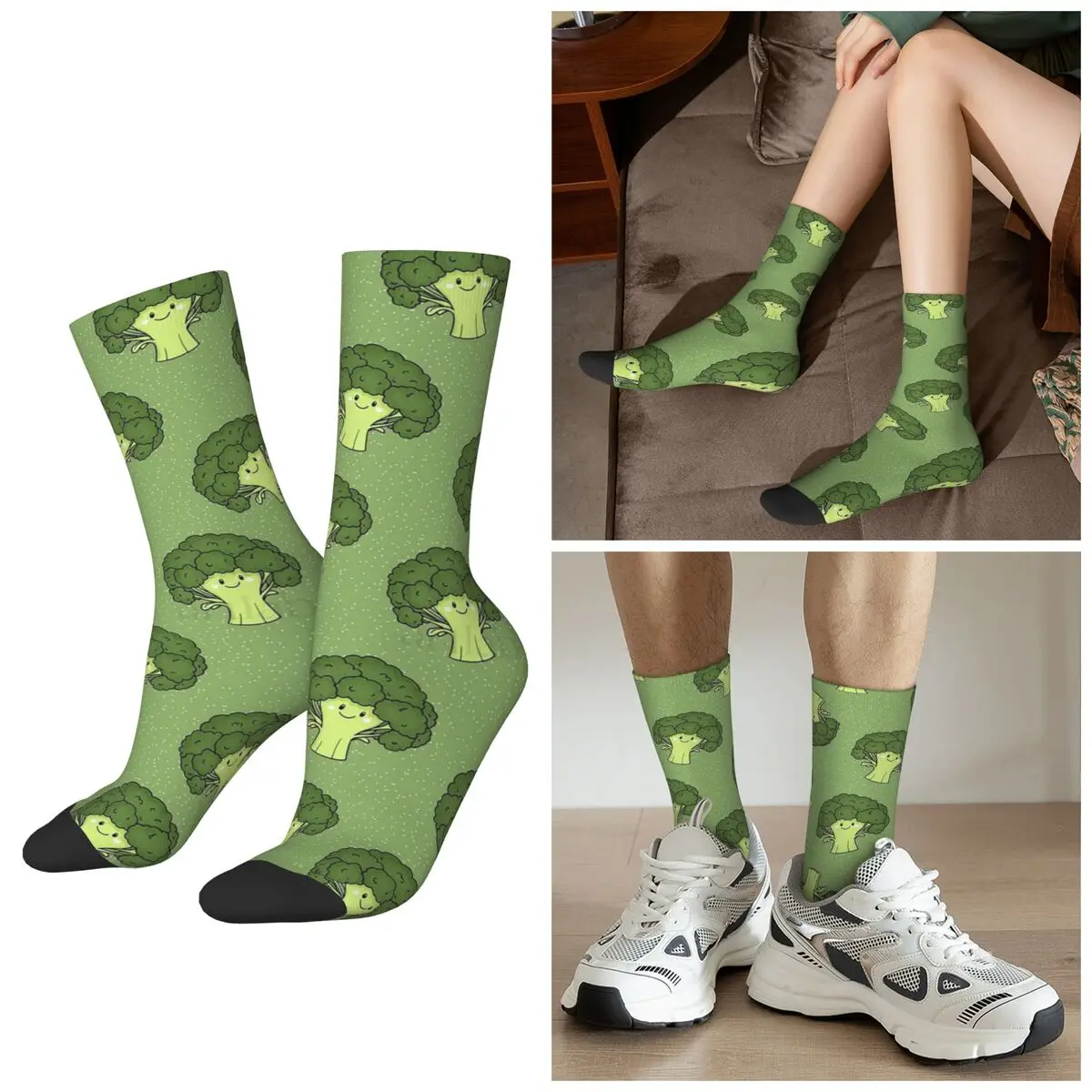 All Seasons Green Cartoon Broccoli Element Socks Harajuku Crew Socks High Quality Stockings for Men Women Valentine's Day Gifts