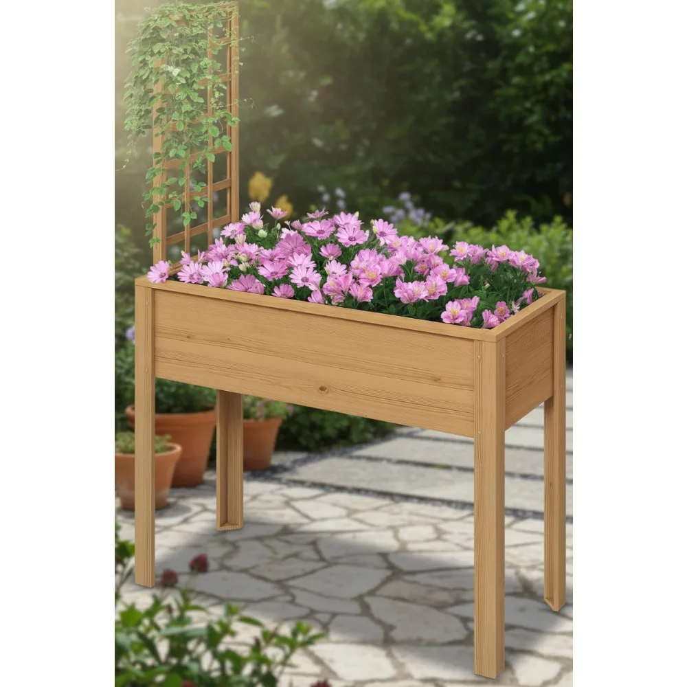 

Elevated Wood Planter Box with Trellis for Climbing Plants, Self-Draining Raised Garden Bed for Vegetables & Flowers