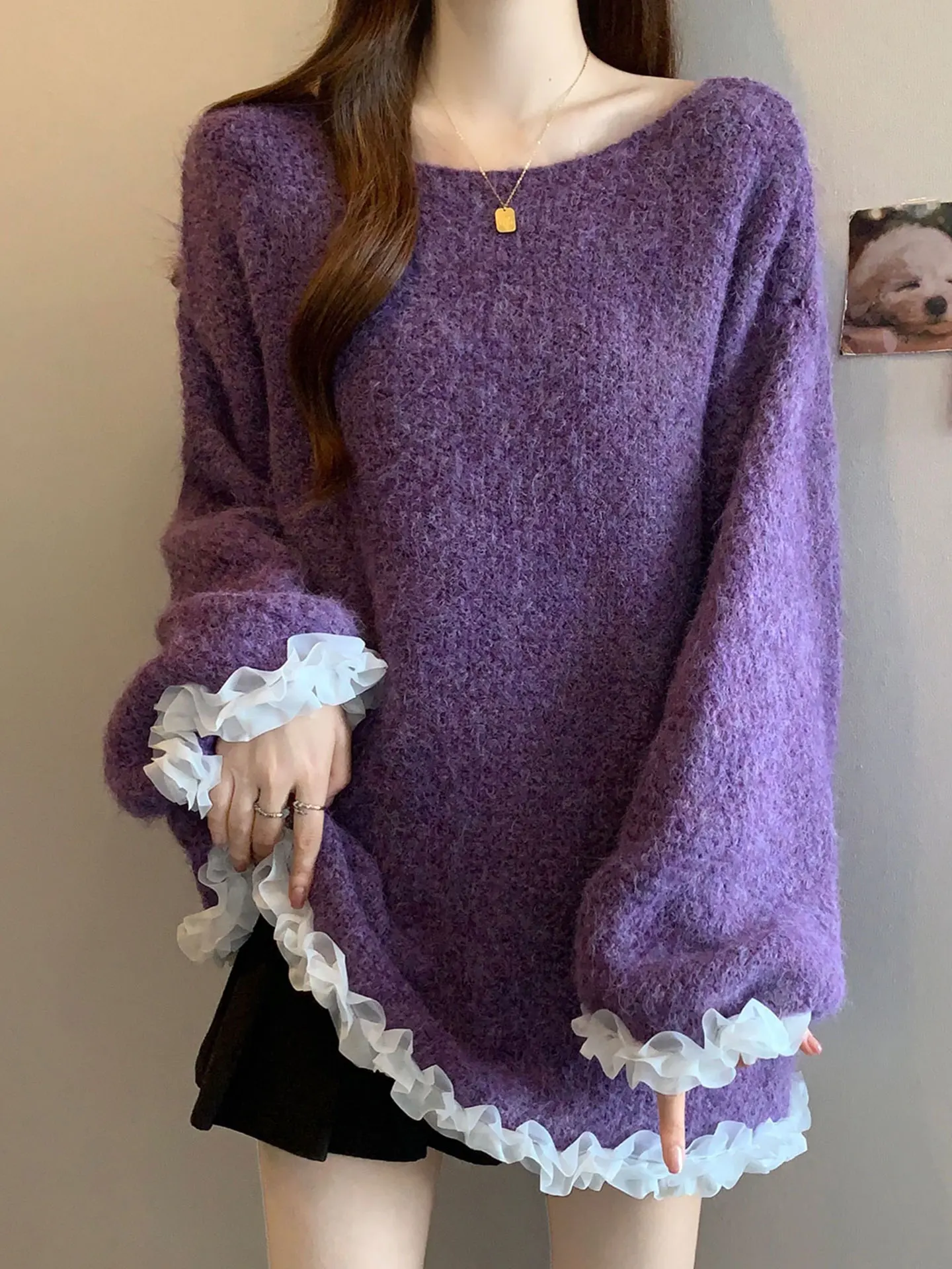 

Lace Splice Ruffle Purple Sweater Large Size Women's Loose Lazy Sle Knitted Top Autumn Winter Faion Korean Version