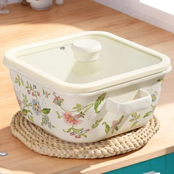 Large Square Stew Pot Enamel Vintage Flower Bird Soup Pot Double Handle Cheese Baked Rice Special Pan Home Kitchen Cookware