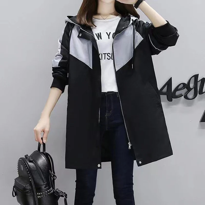 

Spring Autumn Trench Coat For Women Loose Hooded Medium To Long Jacket 2024 Female Casual Color Matching Windbreaker Outwear