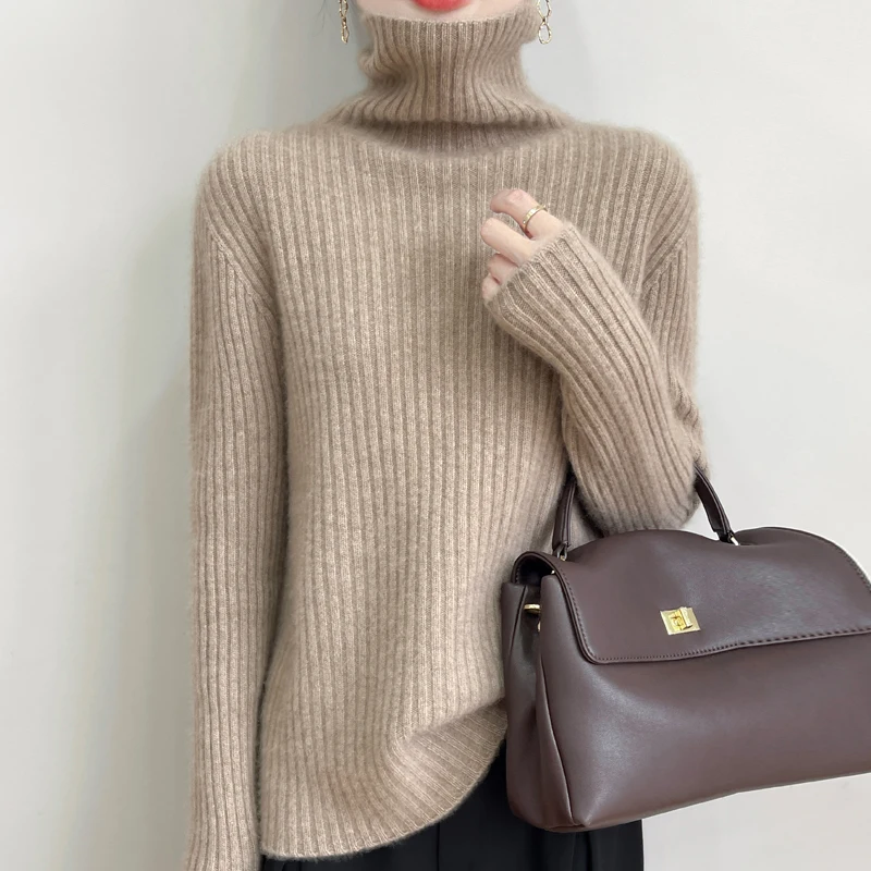 Fall/Winter New Padded Turtleneck Pullover 100% Merino Wool Sweater Korean fashion ladies solid color knitted pullover top