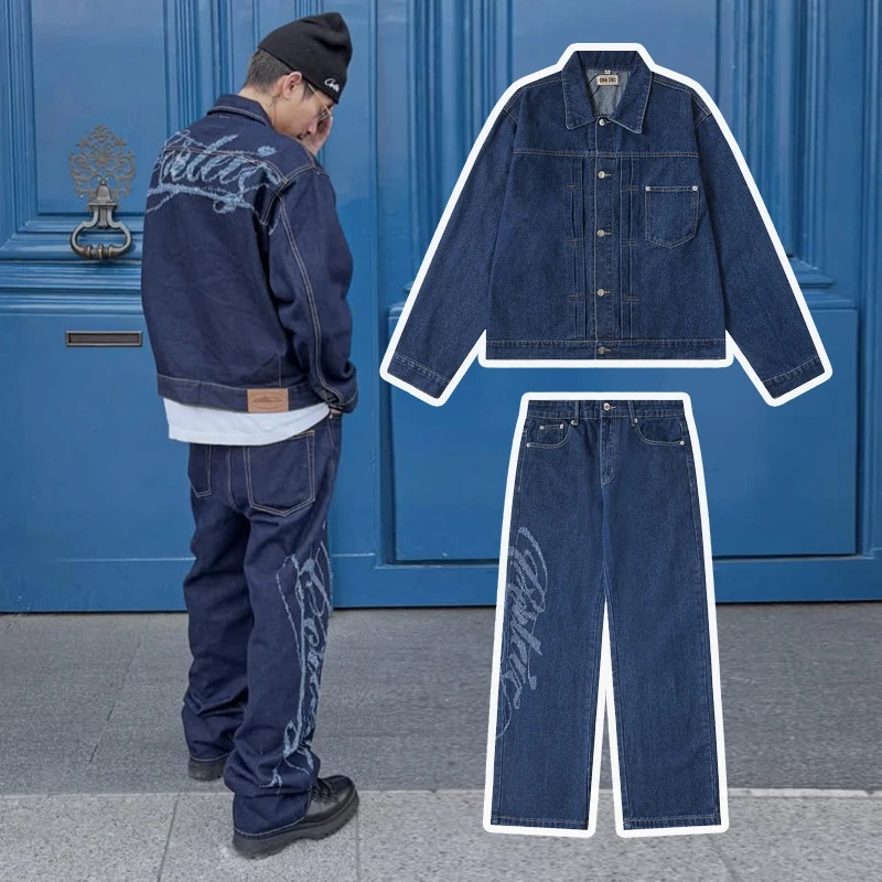 

Мужской джинсовый костюм American Sle Street Demon Island: повседневный свободный крой, хлопковая куртка-пальто с вышивкой