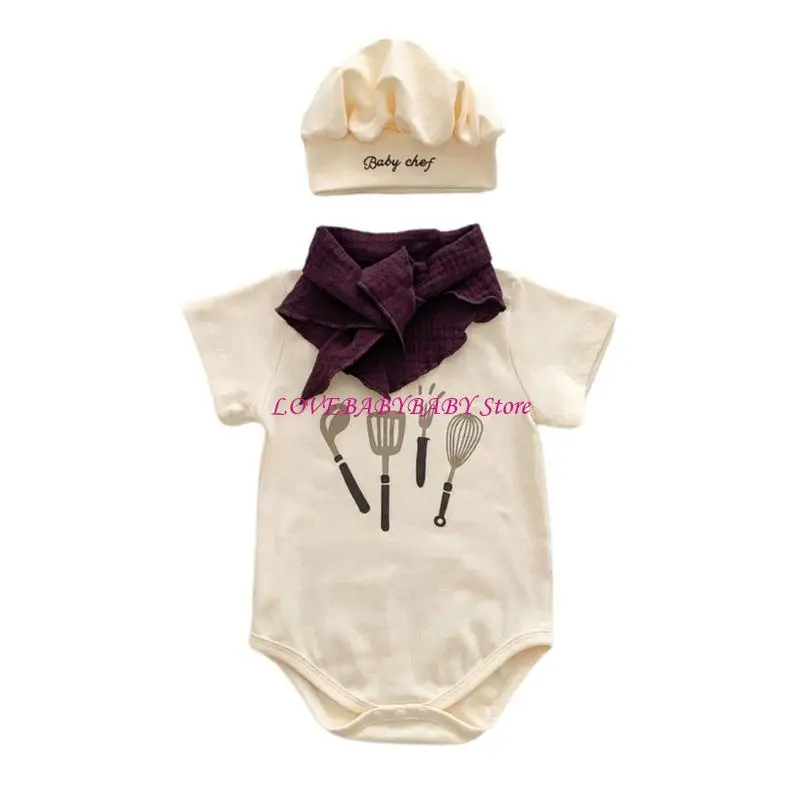 

3PC Фотосессия новорожденных Essential Chefs Set Set Soft Cotton Romper с подходящей шляпой Easy Wear Закрытие 4xbc