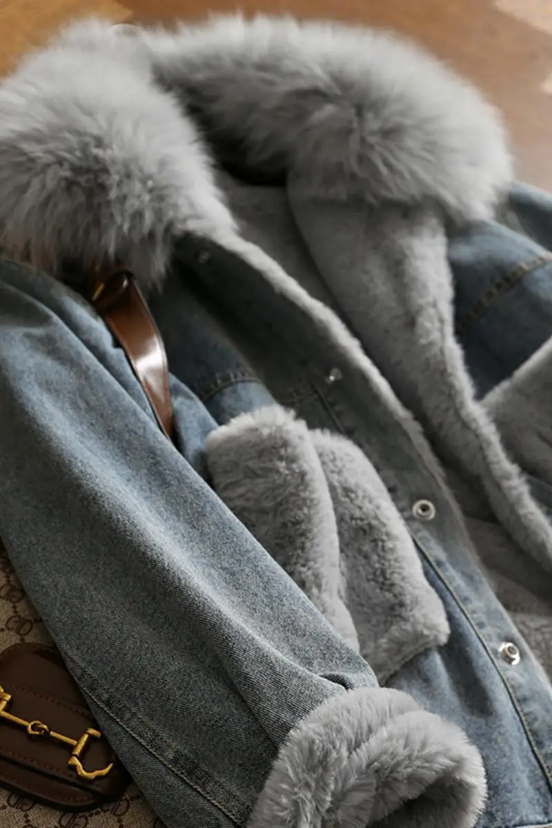 Dames Spijkerjack Herfst Winter Echte Lamsfleece Bontkraag Jas Natuurlijke Jeans Chique Vintage Casual Lange Mouwen Effen