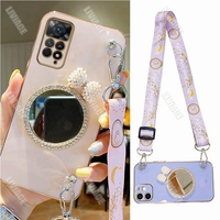 Glitter Bow Pearl Mirror Lanyard Strap Case For Xiaomi Redmi Note 11 8 12 10 9 Pro Max 10 12 4G 5G 10s 11s 9A 9T 9C Nfc Cover