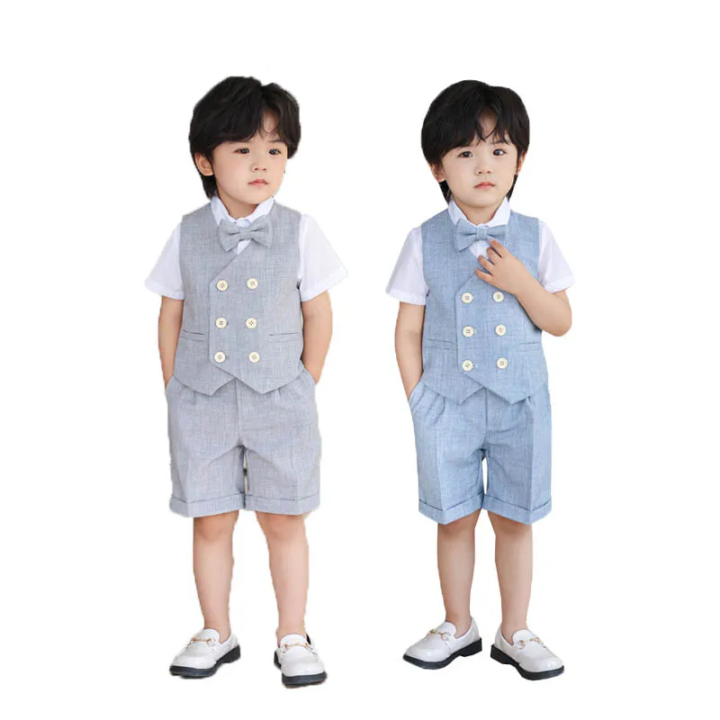 

Boys Summer Soft Breathable Vest Shirt Shorts Bowtie Photograph Suit Children Wedding Dress Kids Kindergarten School Uniform