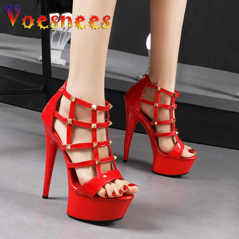 Women Sexy Thin Band Net High Heel With Metal Rivet Sandals Summer Waterproof Platforms Ladies Open-toe Stiletto Zip Party Shoes