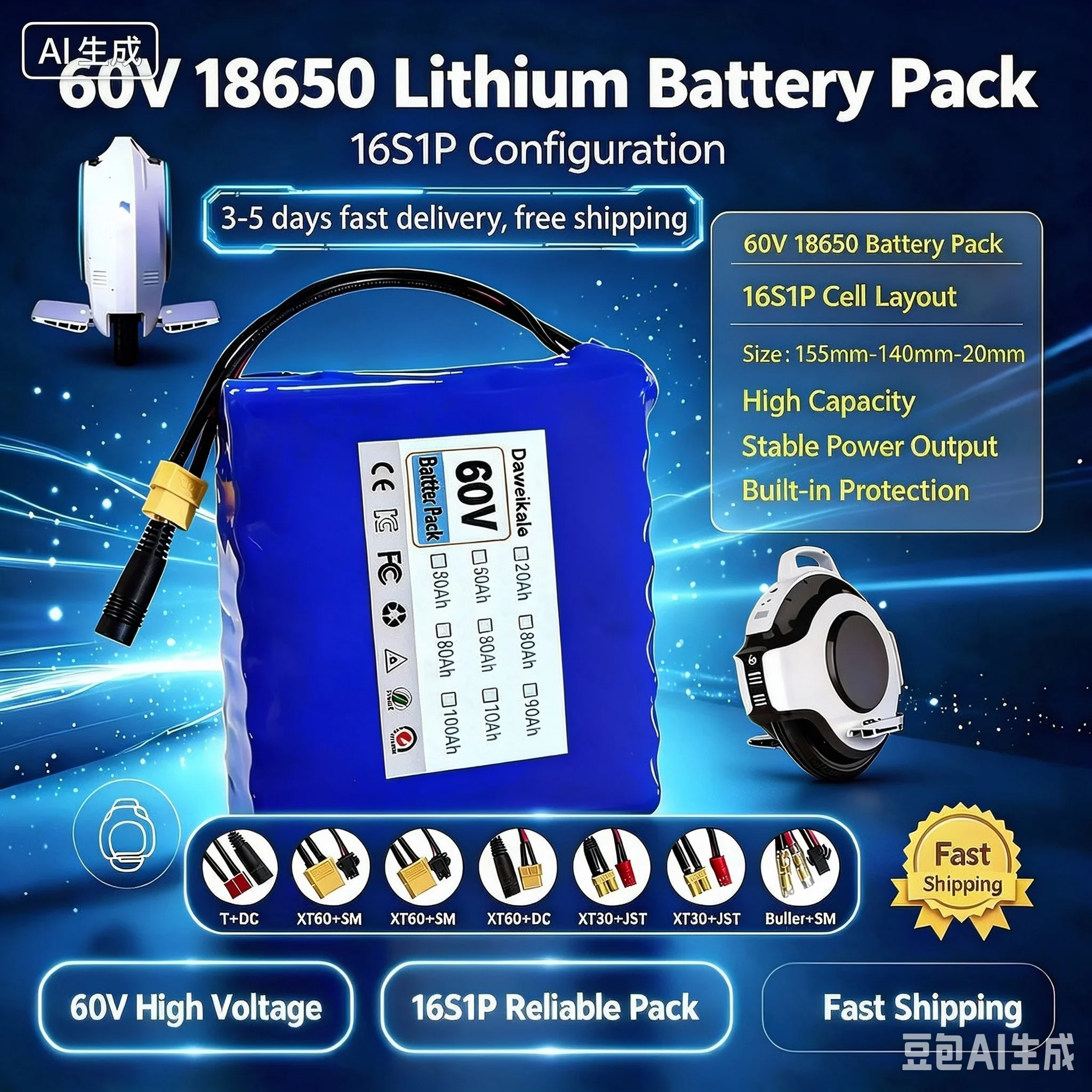 Daweikala 60V 18650 Lithium-Ionen-Akku-Pack 16S1P mit integriertem BMS-Schutzschaltkreis, wiederaufladbarer Akku-Pack mit hoher Kapazität, verschiedene Anschlussmöglichkeiten für E-Bikes, E-Scooter