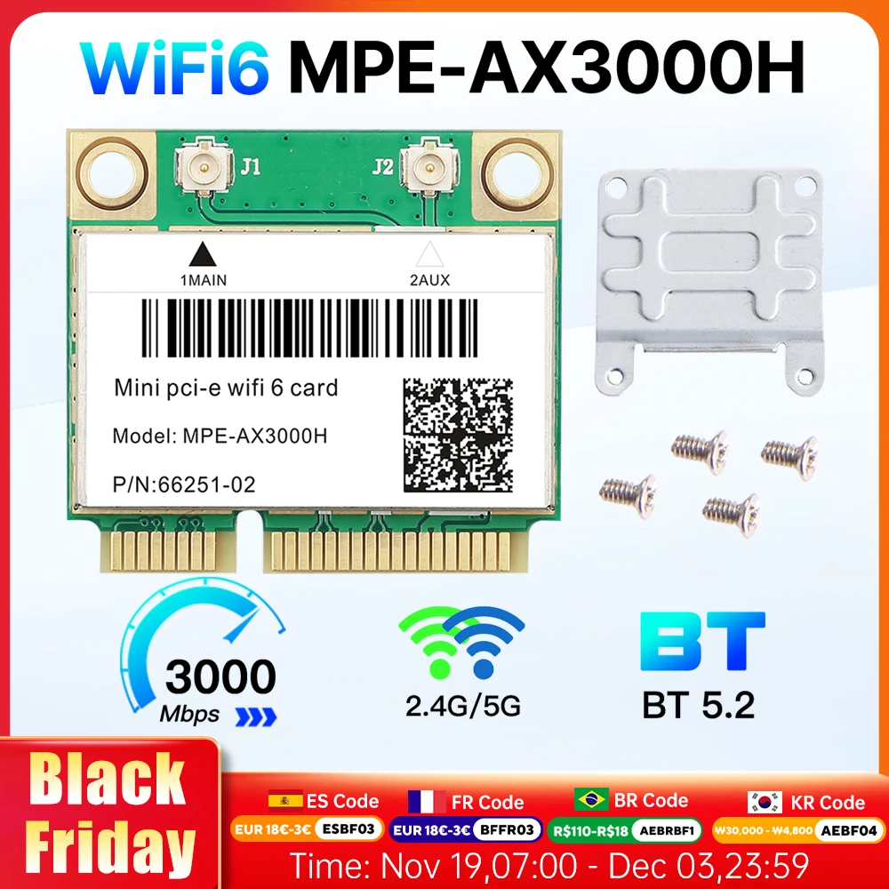 

WiFi 6 MPE-AX3000H Mini PCI-E Wi-Fi-карта двухдиапазонный 2,4G/5G BT 5,2 802.11ax 2974 Мбит/с беспроводной адаптер для ноутбука/ПК, например AX210