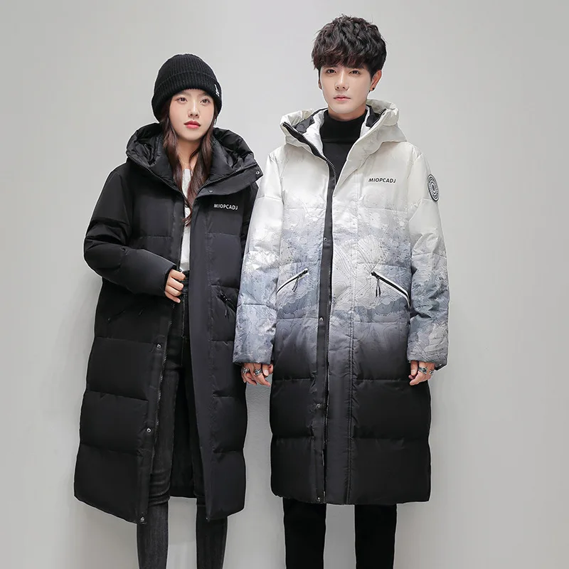 New Winter Men's Thickened Cold Protective Clothing Extended Same Earrings for Couple Overknee Thickened Gradient Hooded Jacket