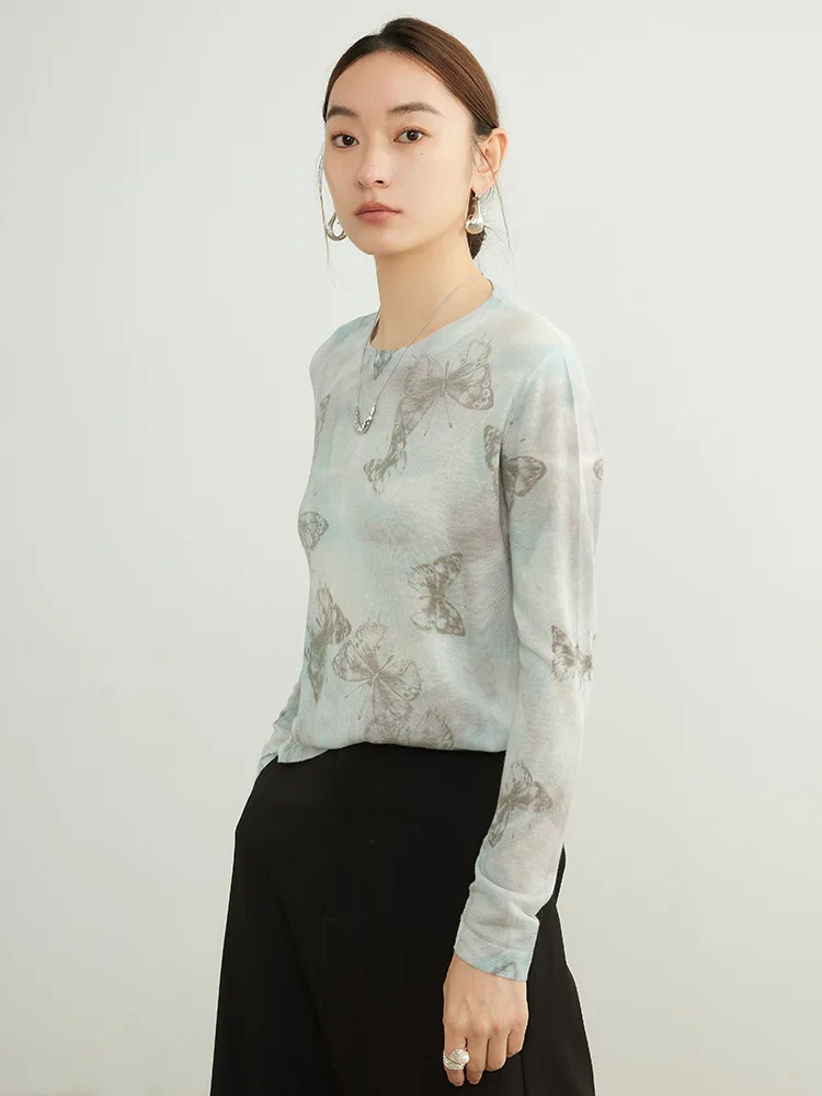 SuyaDream, Women Printed Pullovers, Wool Lyocell Blend, Round Collar, Plain Knit T shirts, 2024 Fall Winte Top