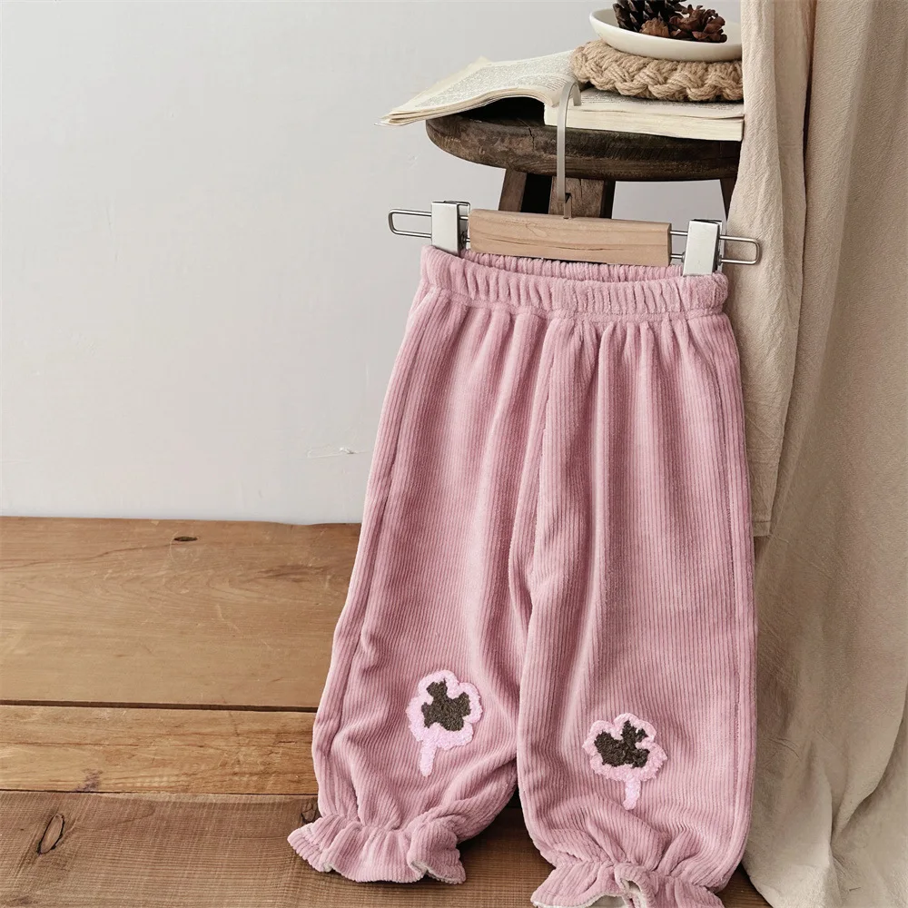 2024 Winter New Baby Girl Fleece Casual Pants Girls Flower Embroidery Corduroy Trousers Infant Toddler Versatile Loose Trousers