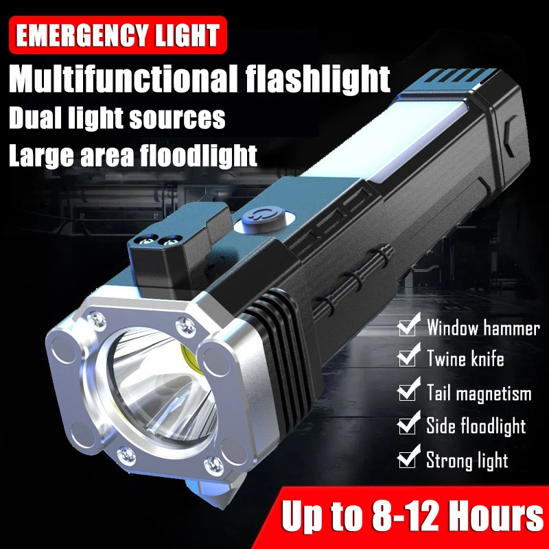 COB Flashlight LED With Side Light Safety Hammer Lifesaving USB Charging With Magnet Multi-functional Flashlight For Outdoor