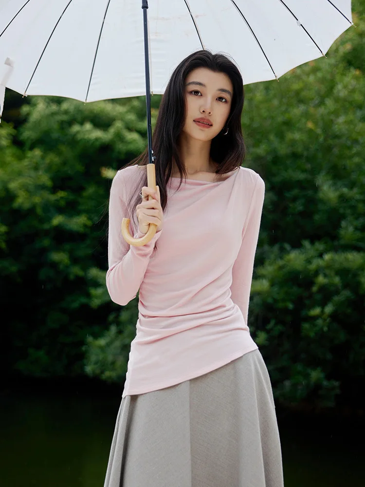 Draped Neck Asymmetric Long-sleeve Knit Top Women Autumn Lyocell Cashmere Blend Slim Fit Base Layer Top