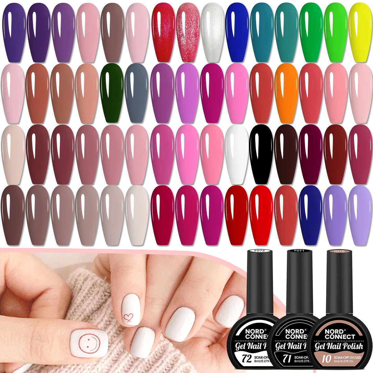 A set of 9 nail polish shades with a quick-drying, long-lasting formula. Includes a red polish, a crimson glitter polish, and a