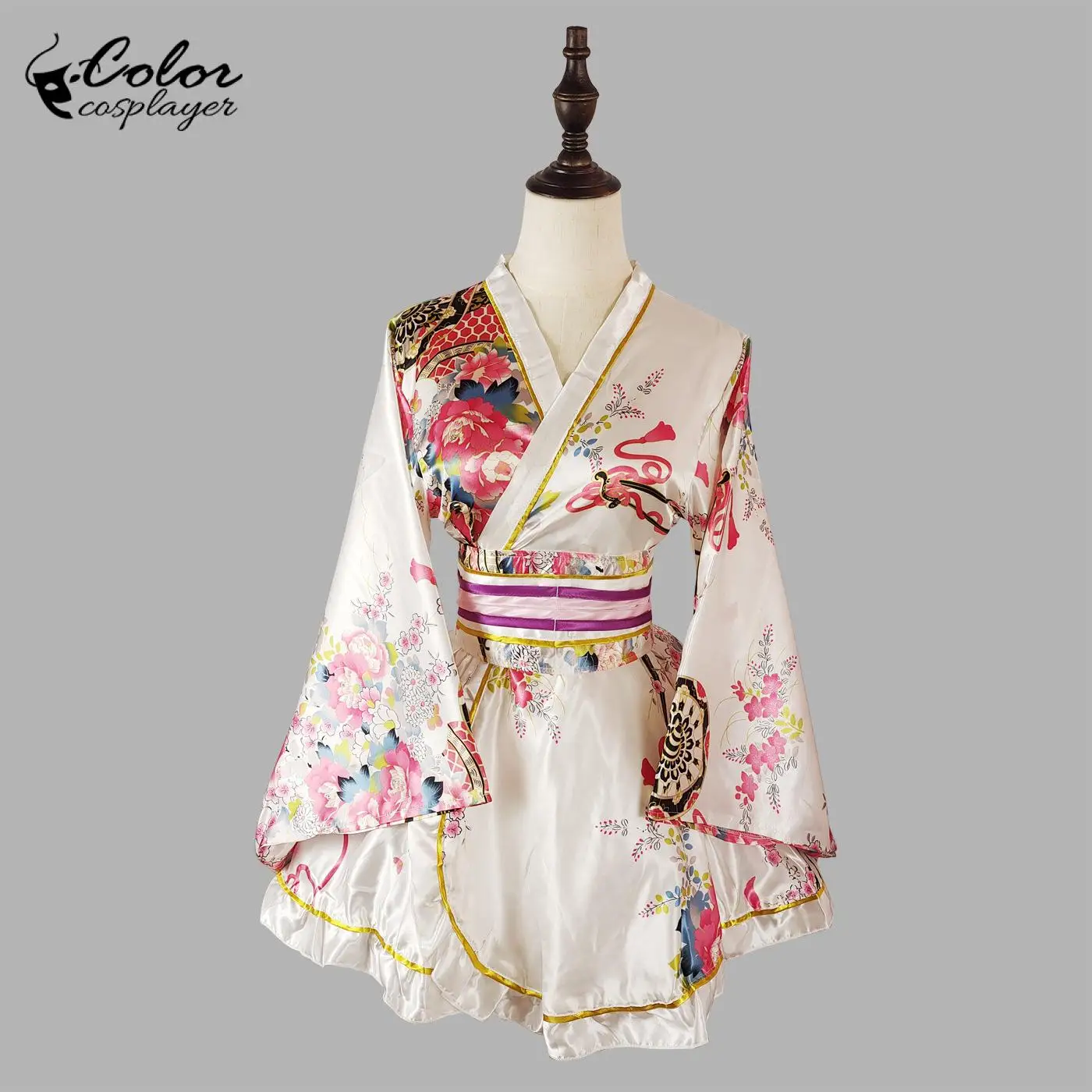 

Color Cosplayer Japanese Floral Print Kimono Dress Short Yukata Robe Con Comic Lolita Cosplay Outfit Halloween Carnival Dress Up