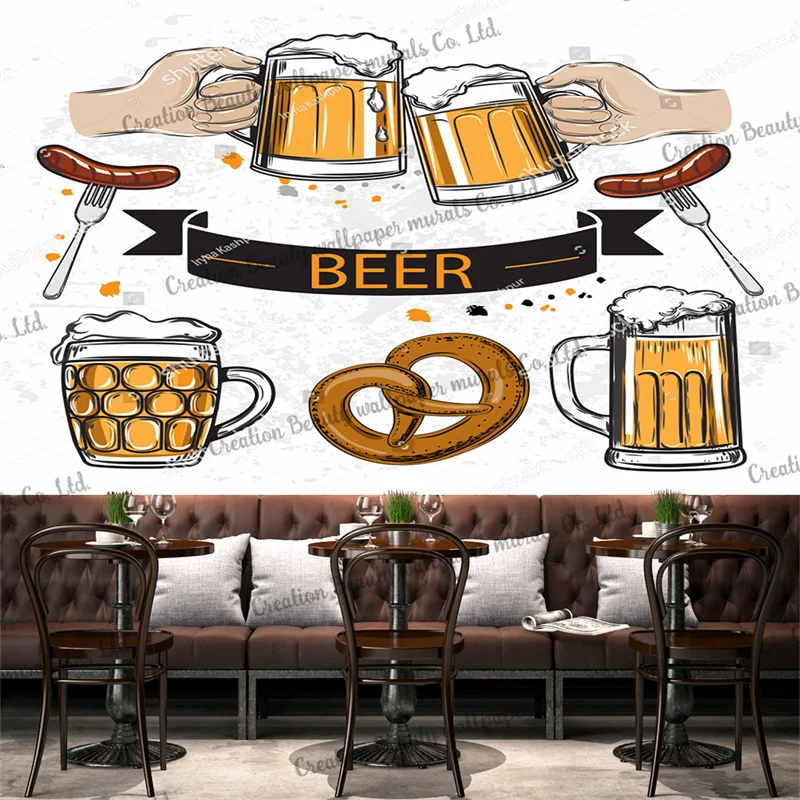 Custom Hand-painted Beer Wallpaper Bar Snack Bar Restaurant KTV Background Wall Papel Tapiz Papel De Parede Contact Paper