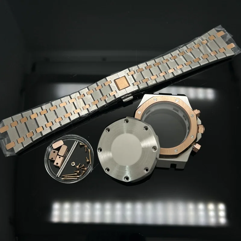 Black Rose Gold 41MM Rubber Steel Style Case Strap Watch Parts Buckle for Oak 31.8mm Dial VK63 Quartz Movement Watch Pointer Kit view 4