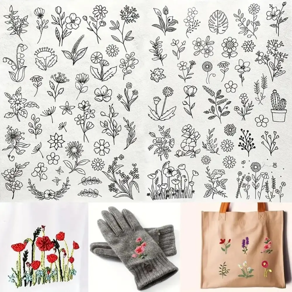 2Sheets Flowers and Leaf Designs Stitching Embroidery Paper Handmade Embroidery Sewing Supplies Hand Sewing Stabilizers DIY