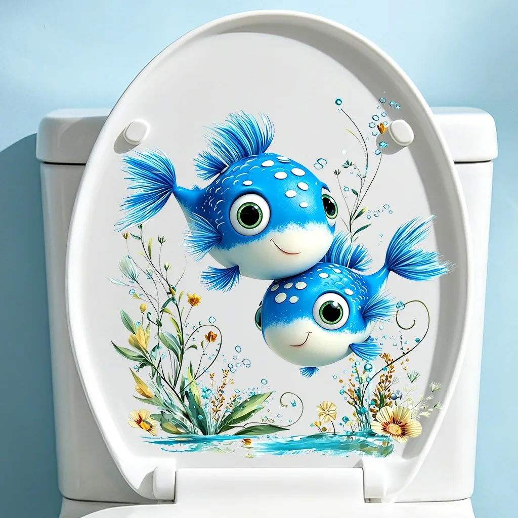 1Pc Toilet Sticker Cartoon Cute Blue White Pufferfish Bathroom Decal Waterproof Home Decor Peel and Stick