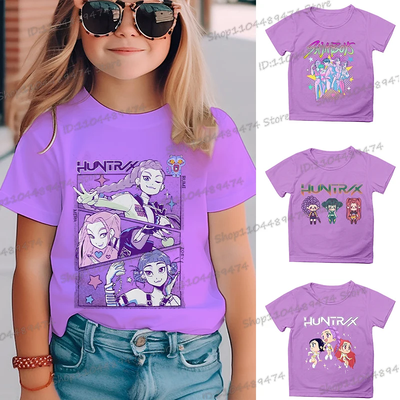 

Summer Kids KPop Demon Hunters T Shirt Anime Graphic Shirt Boys Girls KPop Demon Hunters Tee Cartoon Purple Short Sleeve T-shirt