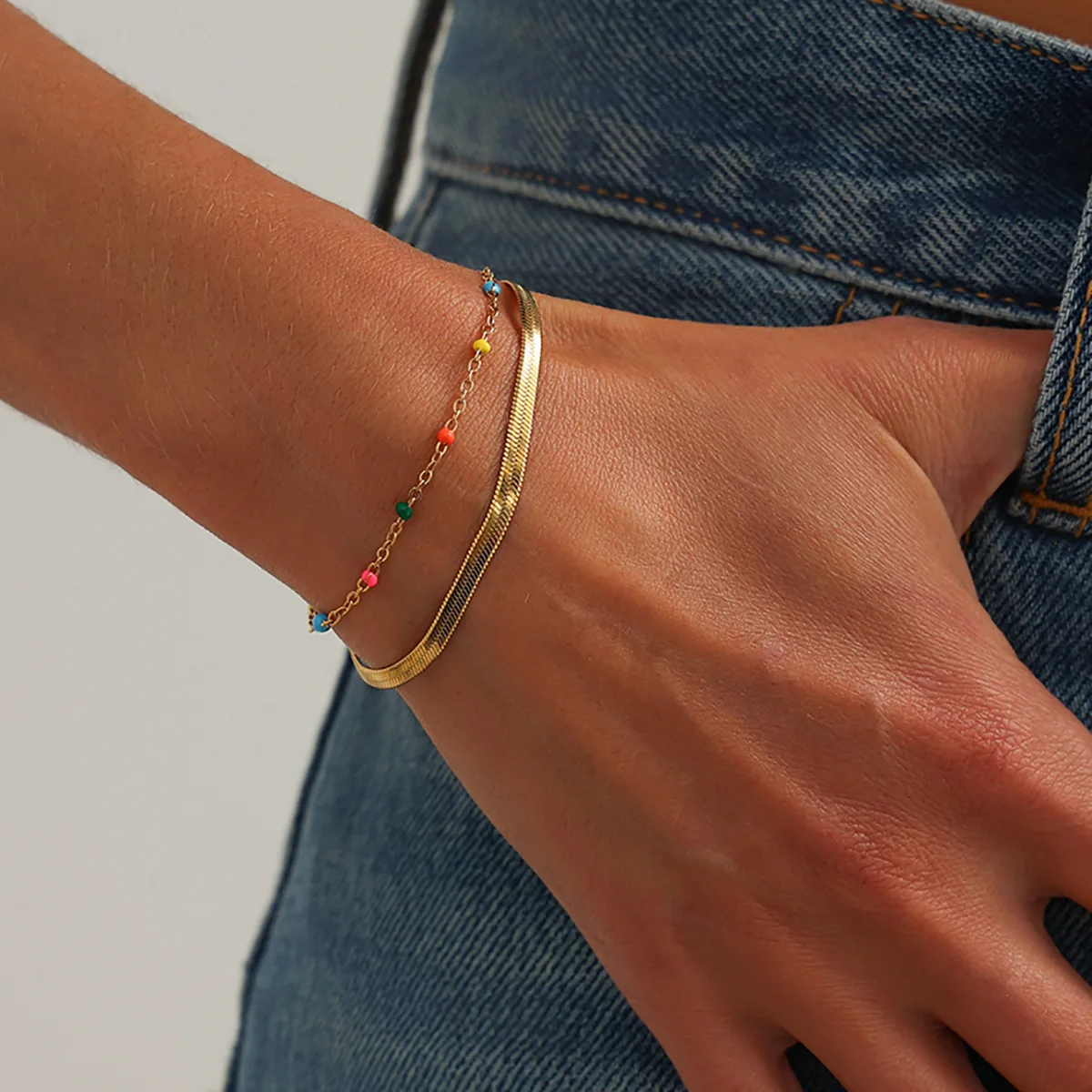 Bracelet Stainless Steel Double Layer Snake Chain with Colorful Enamel Thin Chain Y2K Retro Office Wear Durable Adjustable